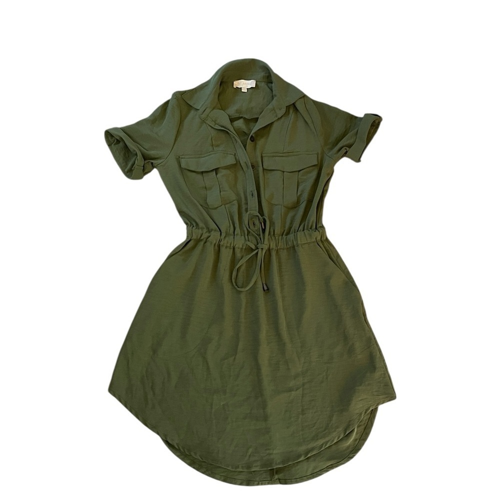 Indulge Military-Style Shirt Dress Olive Green Mini Dress Size Small. - Picture 3 of 6